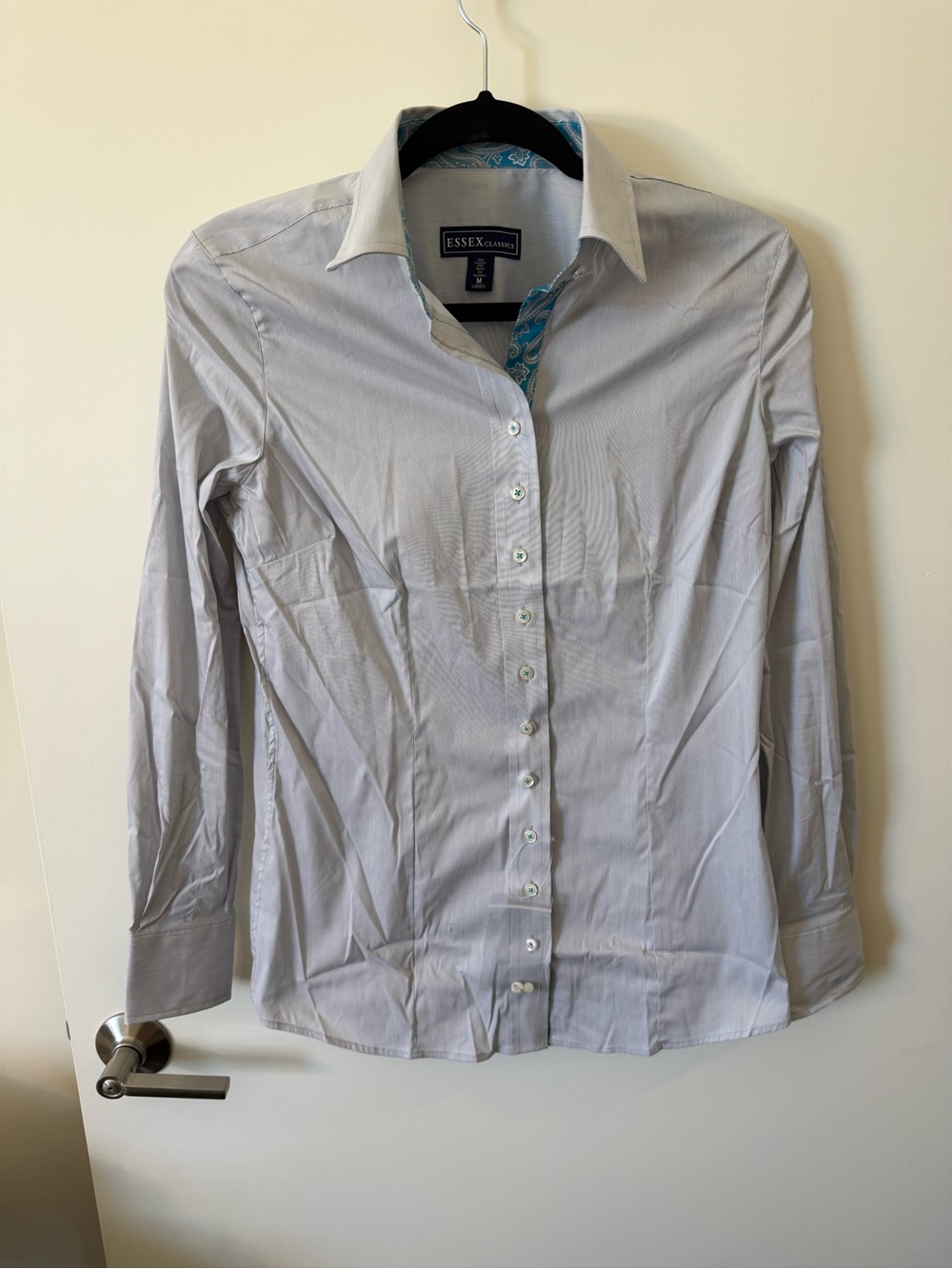 Essex Classics Equestrian Light Gray Button Down Dora Shirt with Blue Trim